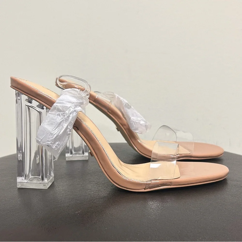 Shein Nude Beige Clear Chunky Block Heels Ankle Strap Buckle Open Toe 40 9 NIB